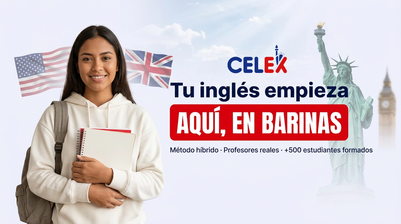 Estudiante de Celex sosteniendo cuadernos junto a la Estatua de la Libertad, el Big Ben y banderas de Estados Unidos y Reino Unido